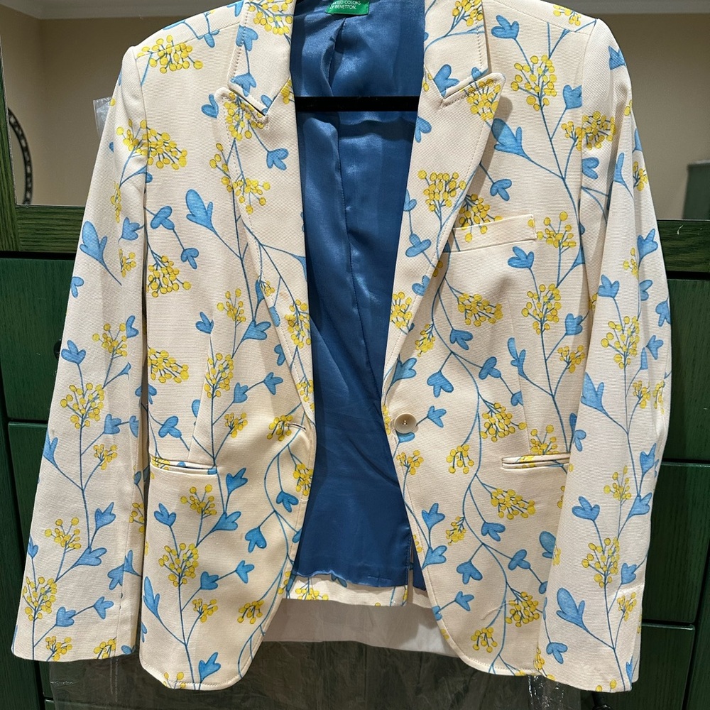 United Colors Of Benetton Floral Blazer - Cream, Blue, Yellow